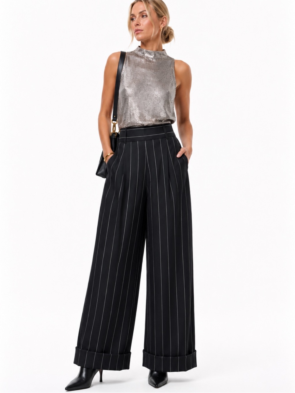 Jones New York Silk Wide-Leg Pinstripe Dress Pants High Waist Black Size 12